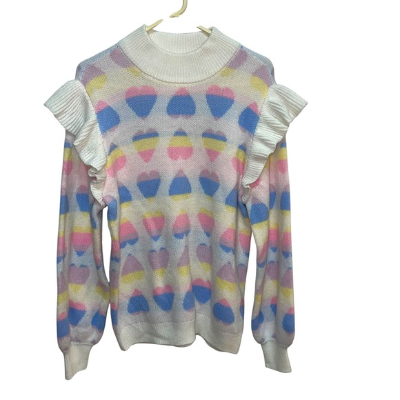 Crown & Ivy Sweater Small Hearts Ruffle Trim Pastel Knit‎ Pullover oversized - Picture 1 of 8